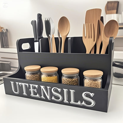 Kitchen Utensil Organizer Extra Large 4 Compartments Wooden Countertop Crock Farmhouse Rustic Cooking Utensil Holder for Kitchen in White and Black