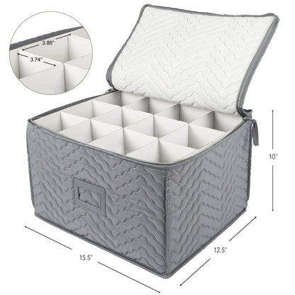 Wine Glass Storage Case 12-Compartment Quilted Stemware Box with Dividers 15.5x12.5x10 Inch Gray