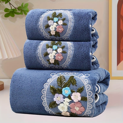 Embroidered Flower Towel Set 3-Piece Soft Absorbent Skin-Friendly Bath Towel and Face Towels for Bathroom Home Bathing Beach