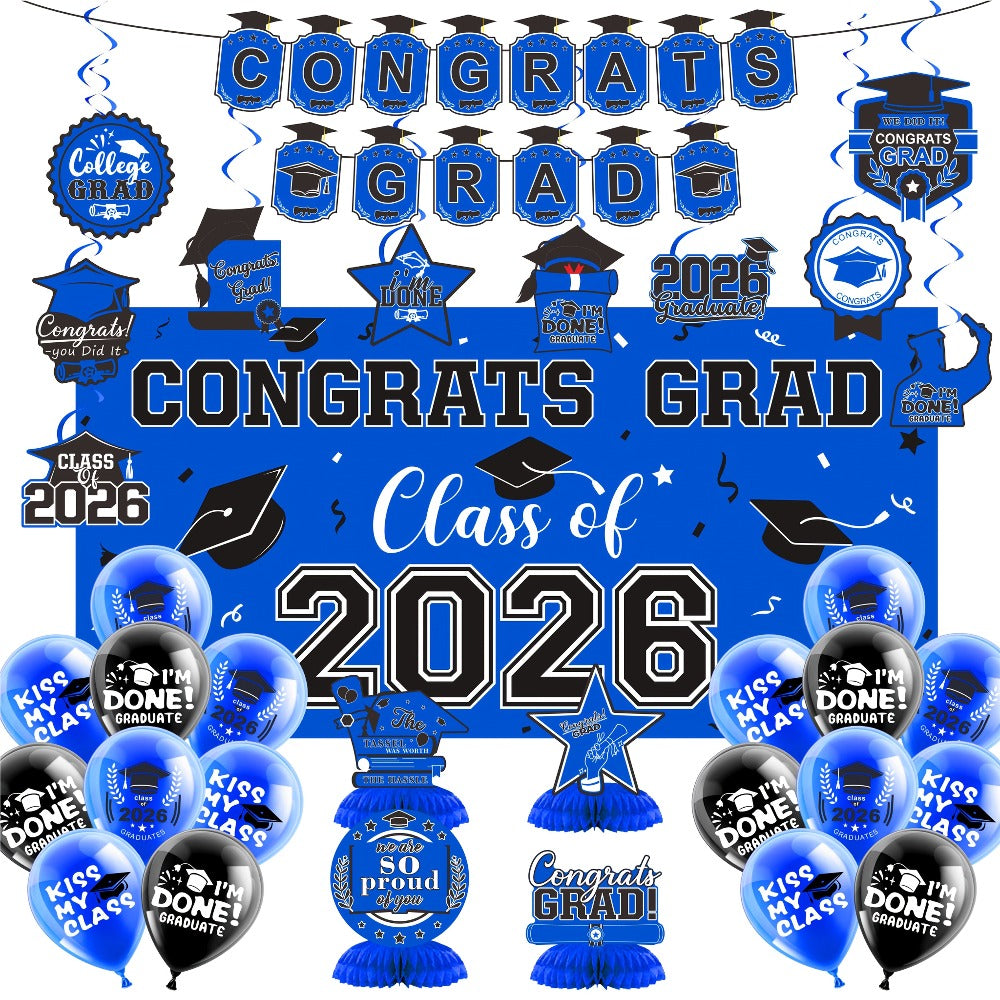 2026 Graduation Decorations Set – Congrats Grad Banner, Backdrop, Hanging Swirls & Honeycomb Table Toppers, Class of 2026 Party Supplies Kit