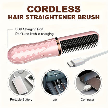 Cordless Hair Straightener Brush USB-C Rechargeable 2000mAh Lithium Battery 3-Level Temperature Control Dual-Use Straightening and Curling Portable Travel Styler for Women
