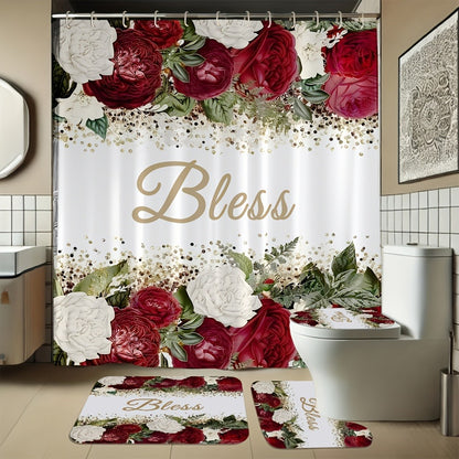 Rose Print Shower Curtain 4-Piece Bathroom Set – Toilet Lid Cover Mat Machine Washable with 12 Hooks Elegant Floral Decor
