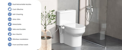 Ultra-Slim Non-Electric Bidet Attachment for Toilet, Self-Cleaning Dual Retractable Nozzles, Adjustable Water Pressure, Fresh Water Sprayer, US Standard, Easy Install