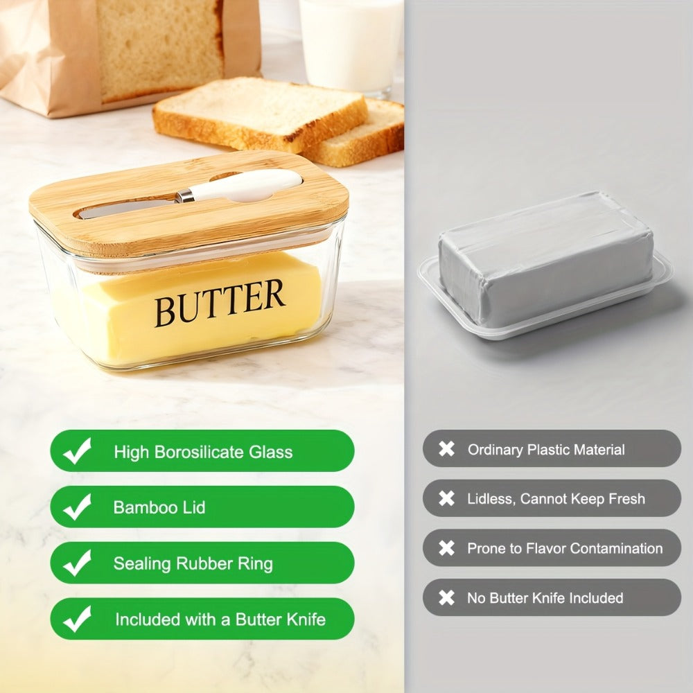Glass Butter Dish with Lid and Knife – 1lb Large Airtight Butter Keeper Clear Glass Countertop Butter Container for Refrigerator Door Shelf Kitchen Decor & Gift
