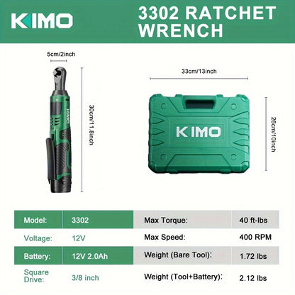 Cordless Ratchet Wrench 3/8 Inch 12V – KIMO 40ft-lb Torque Power Ratchet Set with 2.0Ah Battery, Fast Charger & 8 Sockets