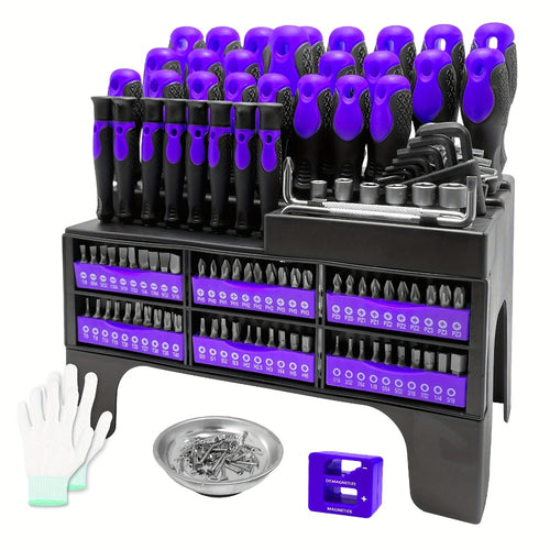 Magnetic Screwdriver Set 118pcs with Plastic Rack & Magnetic Tool Bowl, Chrome Vanadium Steel Multi-Size Precision Screwdriver Kit, Non-Slip Rubber Handle Tool Set for Electronics, DIY & Home Repair (Purple)