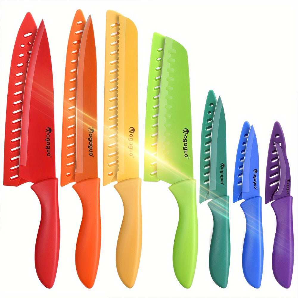 Rainbow Kitchen Knife Set 14pcs – 7 Sharp Stainless Steel Knives with 7 Blade Guards, Dishwasher Safe, Non-Stick Professional Chef Knife Set with Sheaths