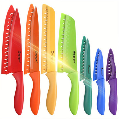 Rainbow Kitchen Knife Set 14pcs – 7 Sharp Stainless Steel Knives with 7 Blade Guards, Dishwasher Safe, Non-Stick Professional Chef Knife Set with Sheaths