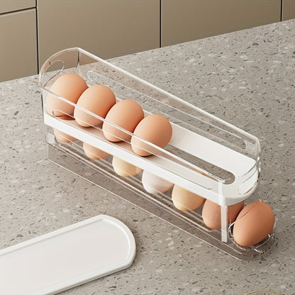 Double Layer Rolling Egg Dispenser Automatic Space Saving Refrigerator Egg Organizer for Cabinet Kitchen Storage Keeps Eggs Fresh White