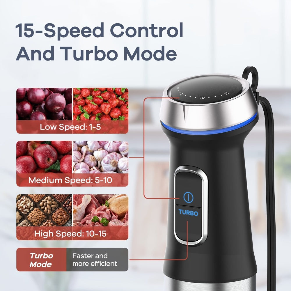 Immersion Blender 7-in-1 Hand Blender, 15-Speed & Turbo Mode, Stainless Steel Stick Blender with 50oz Food Processor, Whisk, Milk Frother & 4 More Attachments – Complete Kitchen Blending Set