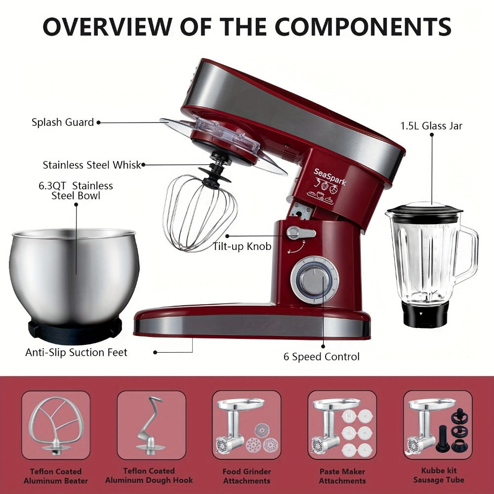 Stand Mixer 6-in-1 400W with 6.3QT Stainless Steel Bowl – 6-Speed & Pulse Tilt-Head Kitchen Mixer with Dough Hook Beater Whisk Juicer Meat Grinder Noodle Press | Electric Food Mixer Black Red Purple Silver