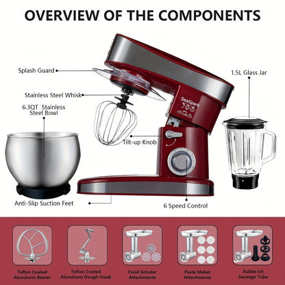 Stand Mixer 6-in-1 400W with 6.3QT Stainless Steel Bowl – 6-Speed & Pulse Tilt-Head Kitchen Mixer with Dough Hook Beater Whisk Juicer Meat Grinder Noodle Press | Electric Food Mixer Black Red Purple Silver