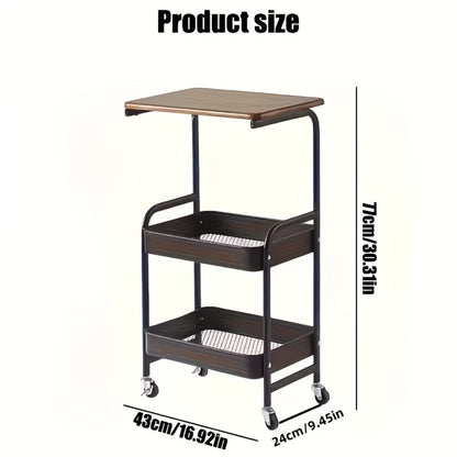 Storage Trolley with Wheels 3-Tier Wooden Tabletop Rolling Cart - Reinforced Black Metal Frame, Locking Casters, Multi-Use Organizer for Kitchen, Office, Bedroom & Living Room, Easy Assembly Printer Stand
