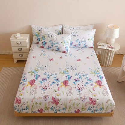 Floral Bedding Set 4-Piece – 1 Fitted Sheet + 1 Flat Sheet + 2 Pillowcases | Soft Breathable Polyester | All-Season Flower Print Bed Sheet Set | Machine Washable | Twin Full Queen King