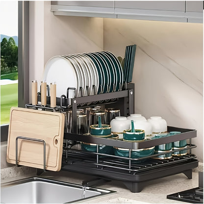 2-Tier Metal Dish Drying Rack with Cutlery Holder Cup Holder & Rust-Proof Drip Tray – Space Saving Countertop Kitchen Organizer