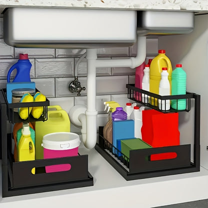 Under Sink Organizer Pull Out, 2-Tier Slide Out Cabinet Organizer with Adjustable Shelves, Under Sink Storage Rack for Kitchen Bathroom Cabinet Organization
