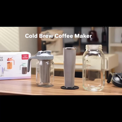 Cold Brew Coffee Pot Set with Stainless Steel Filters & Cleaning Brush - 32oz Glass Mason Jar Cold Brew Maker for Home, Kitchen & Restaurant, Multi-Serve Cold Brew Pitcher Set for Family & Entertaining
