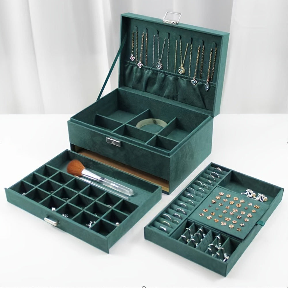 Velvet Jewelry Organizer Box with Lock & Drawers – Large Capacity Storage Case for Rings, Necklaces, Earrings & Bracelets, Travel Jewelry Box