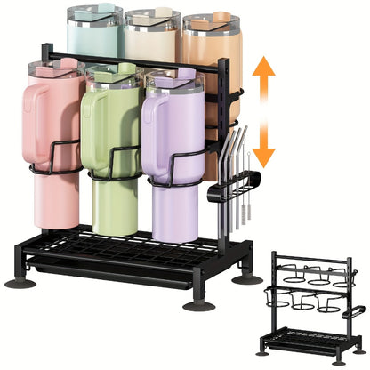Cup Holder Rack 6-Grid Cast Iron Water Bottle Organizer for Kitchen Cabinet | Adjustable Height Drinkware Storage Rack Holds 40oz Cups Mugs Tumblers Stanley Bottles Space-Saving Kitchen Organizer
