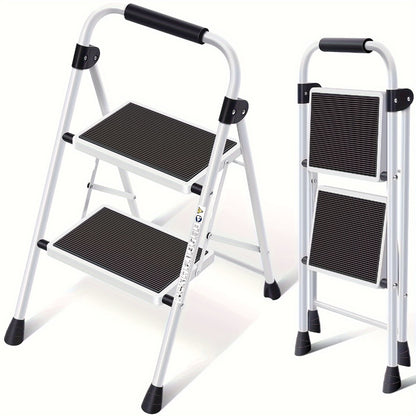 2 Step Ladder Foldable Heavy Duty Steel, Non-Slip Wide Pedal Step Stool with Safety Handle, Lightweight Portable Folding Step Ladder for Home Kitchen Bathroom Garage, 250lb Capacity, White & Red
