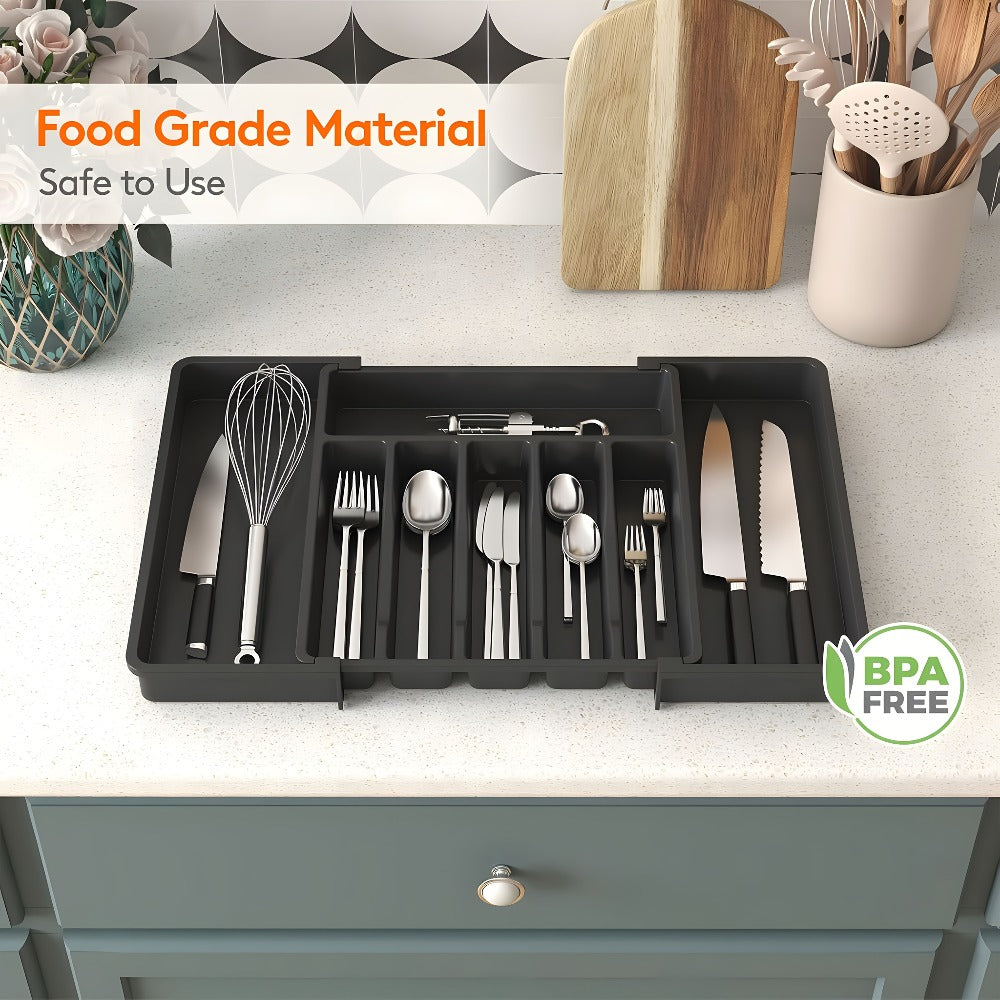 Silverware Organizer Adjustable Drawer Organizer | Utensil & Cutlery Storage Tray for Kitchen Drawer | Expandable Knife Fork Spoon Holder 22.4" x 15" x 2" | Kitchen Organization & Storage in Black Grey White