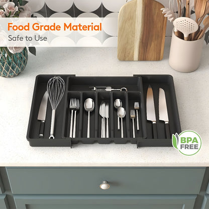Silverware Organizer Adjustable Drawer Organizer | Utensil & Cutlery Storage Tray for Kitchen Drawer | Expandable Knife Fork Spoon Holder 22.4" x 15" x 2" | Kitchen Organization & Storage in Black Grey White