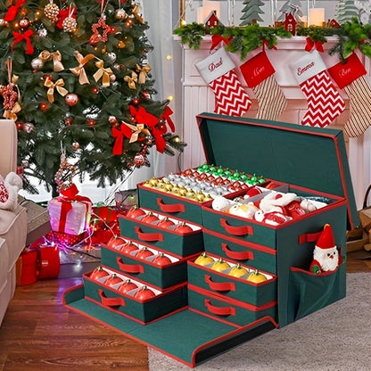 Christmas Ornament Storage Box 128 Slots 8 Trays Stackable Large Capacity Holiday Organizer with Lid Side Open Adjustable Dividers Removable Trays Red Green