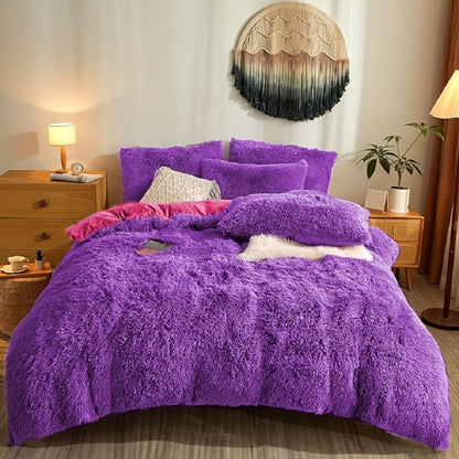 Fluffy Bedding Set 4pcs Soft Warm Plush Duvet Cover with Pillowcases Queen King - Cozy Autumn Winter Comforter Set 8 Colors