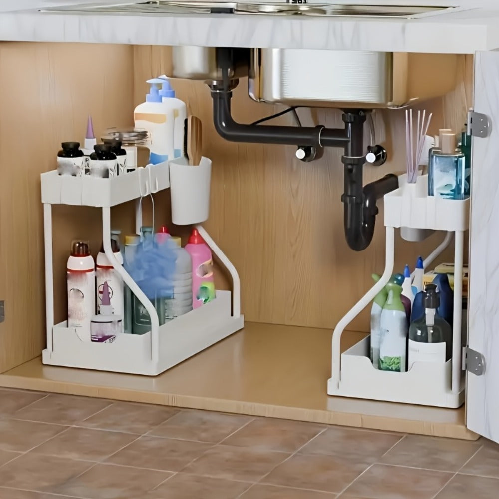 Under Sink Organizer 2pcs with Sliding Shelves – Durable Pull-Out Cabinet Storage for Bathroom Kitchen Space Saving Vertical Design