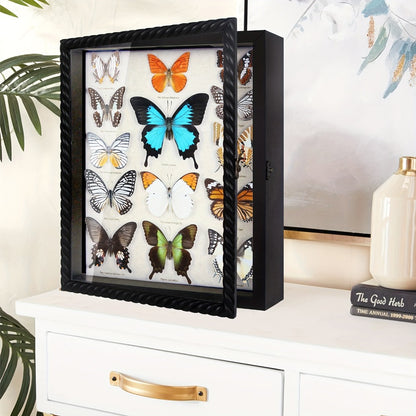 Shadow Box Frame with Linen Back – Large Rustic Memory Display Case 11x14 & 12x16 Inch for Photos, Medals, Coins, Pins, Flowers & Collectibles, 4 Removable Shelves, Black White Brown