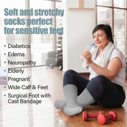 Anti-Slip Wide Socks for Swollen Feet 3 Pairs Grippy Sole Diabetic Non-Binding Breathable Edema Socks Reinforced Toe Heel Black White Grey Size 9-13 13-15