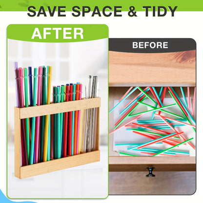 Wooden Straw Holder for Cabinet Door 9.8 Inch Acacia Wood Straw Dispenser Wall Mount Reusable Straw Storage Box for Kitchen Counter Cupboard Organizer