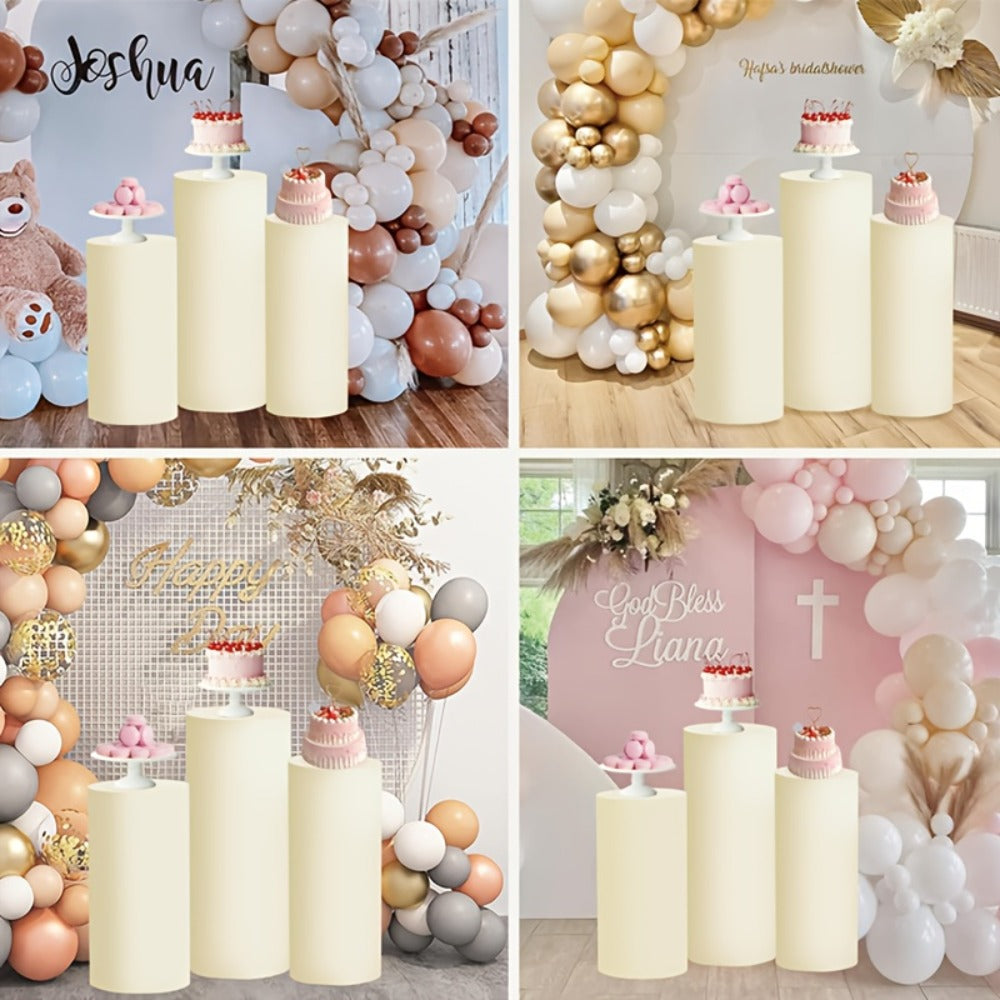 Cylinder Pedestal Stand Covers 5pcs – Stretch Fabric Pillar Covers for Wedding Party Birthday Baby Shower Dessert Table Backdrop Decor White Pink