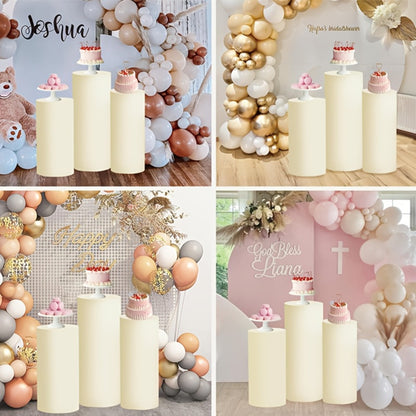 Cylinder Pedestal Stand Covers 5pcs – Stretch Fabric Pillar Covers for Wedding Party Birthday Baby Shower Dessert Table Backdrop Decor White Pink