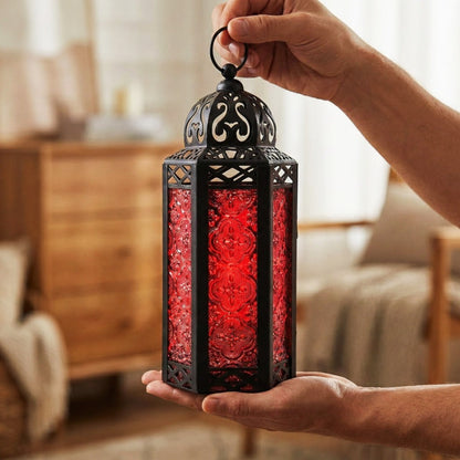 Moroccan Candle Lantern Holder - Decorative Metal & Glass Lantern with Embossed Floral Design for Indoor Home Decor, Garden, Patio, Weddings, Ramadan, Halloween & Holiday Celebrations - 10.5" Tall Medium Size