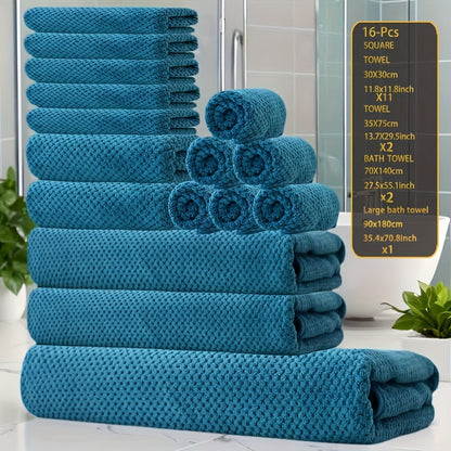 Coral Fleece Bath Towel Set 16 Piece 300GSM - Extra Large Bath Towel Washcloths Square Towels Soft Absorbent Quick Dry | 11 Colors | Hotel Home Travel Spa Gift Complete Bathroom Towel Collection