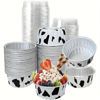 Aluminum Foil Baking Cups with Lids, Disposable Cupcake Molds with Spoons, Oven Safe Foil Dessert Cups for Pudding Muffins Mousse, Party Baking Supplies for Weddings Birthdays, 30 or 50 Sets
