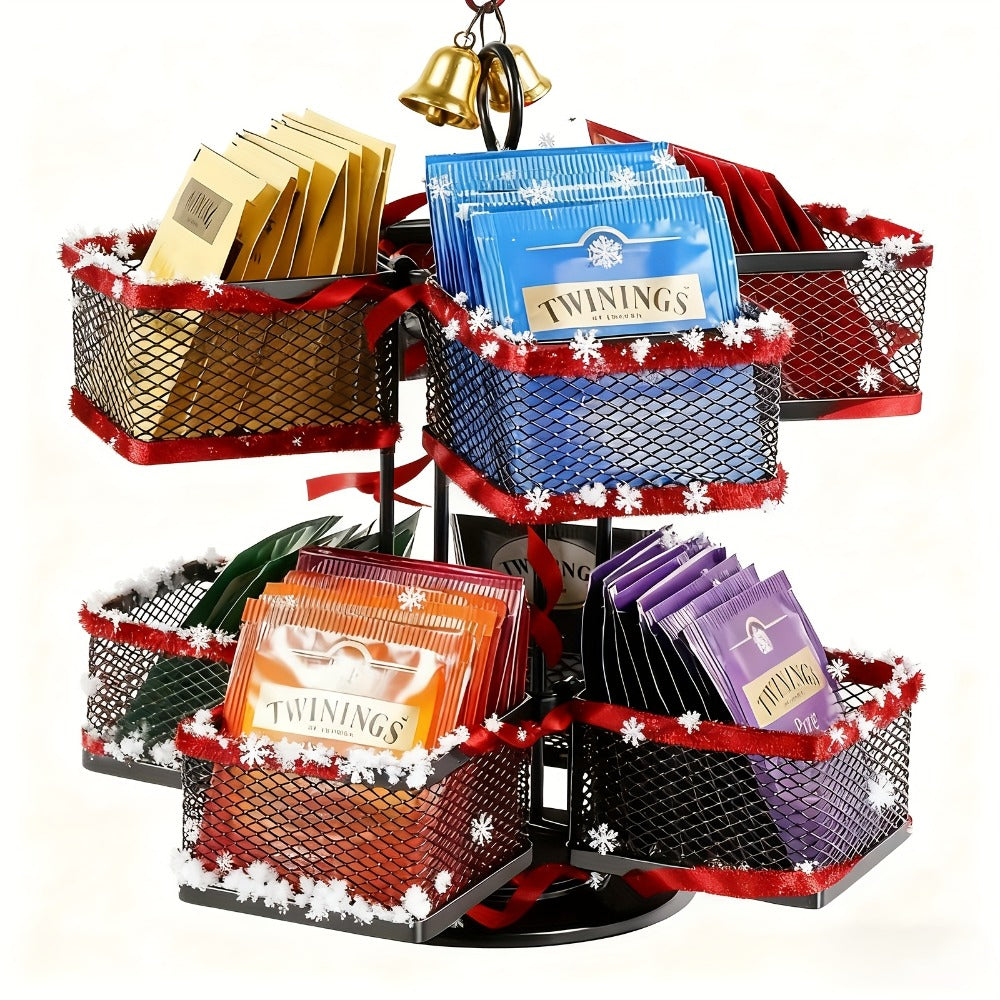 Tea Bag Organizer 360-Degree Spinning Carousel with 8 Compartments – Lazy Susan Tea Bag Holder Display Rack for Kitchen Counter Coffee Bar Home Office – Black