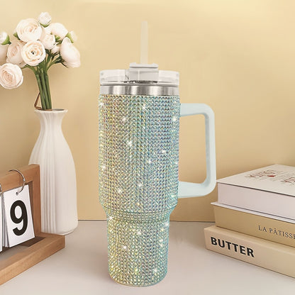 Bling Diamond Tumbler 40 Oz – Studded Rhinestone Stainless Steel Insulated Travel Mug with Handle & Straw Lid – Fits Car Cup Holders – Glamorous Gift for Women – Silver