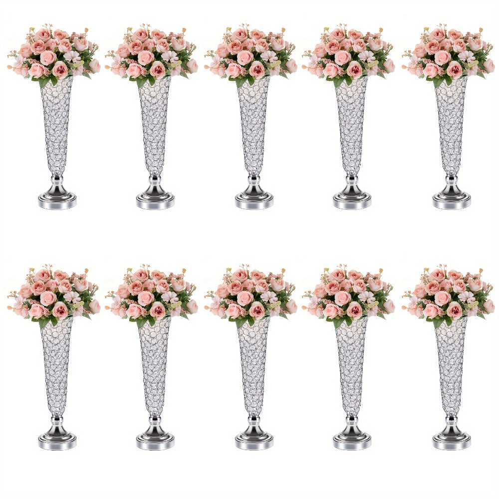 Crystal Trumpet Flower Vase Centerpieces for Wedding Table – Bling Wrought Crystal Vases for Party, Anniversary, Birthday, Banquet & Home Decor, Gold & Silver, 2pcs or 10pcs Set