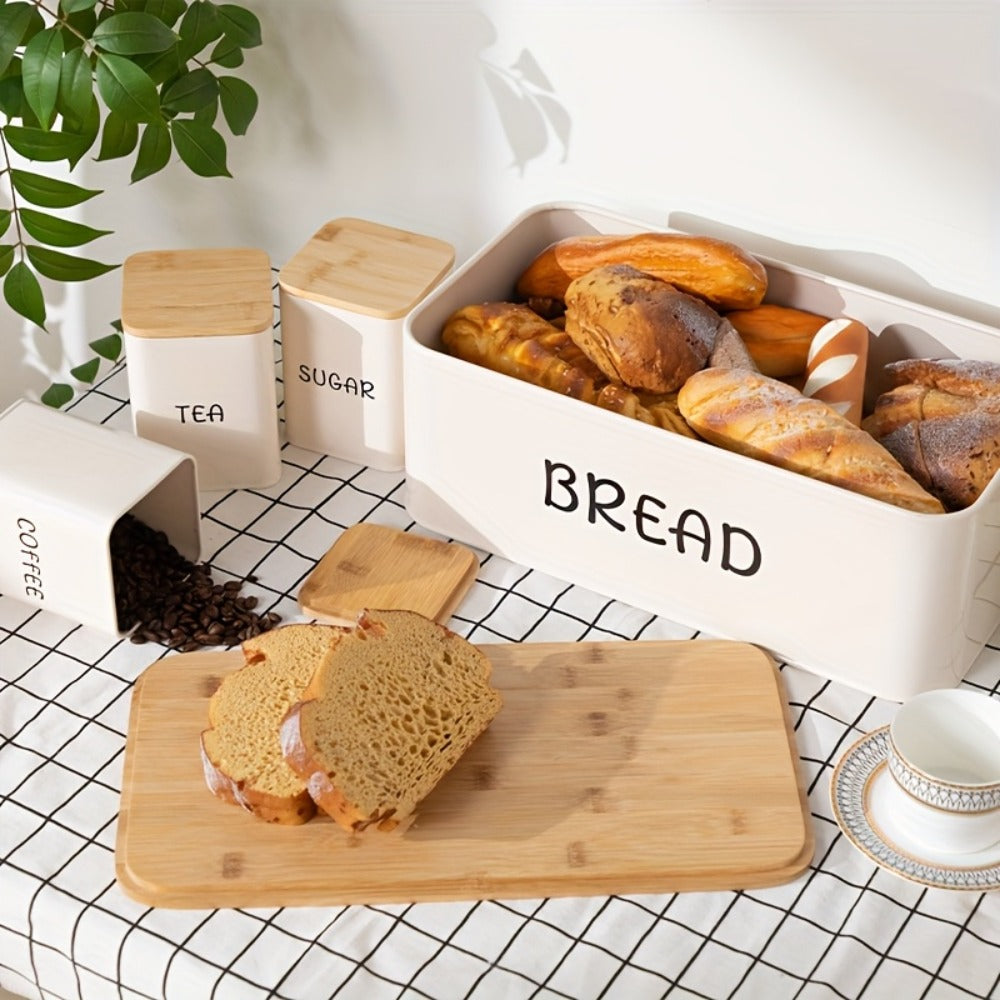 Bread Box with 3 Jars Set for Kitchen Countertop – Metal Bread Box with Bamboo Board Cover, Coffee Sugar Tea Canisters, Large Capacity Farmhouse Food Storage Organizer