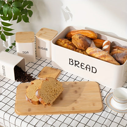 Bread Box with 3 Jars Set for Kitchen Countertop – Metal Bread Box with Bamboo Board Cover, Coffee Sugar Tea Canisters, Large Capacity Farmhouse Food Storage Organizer