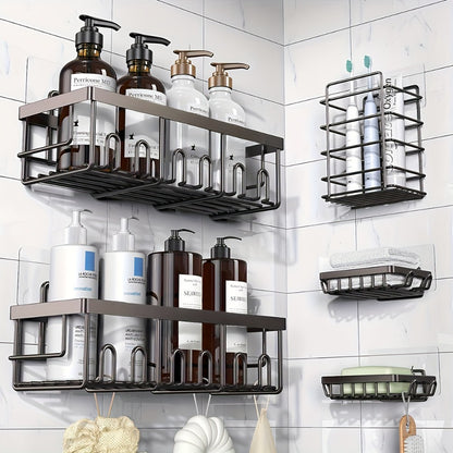 Shower Caddy Organizer 5 Pack Adhesive Rustproof Stainless Steel Shower Shelves with Soap Holder No Drilling Bathroom Storage Rack for Shower Wall Renters Apartment Kitchen Multiple Colors