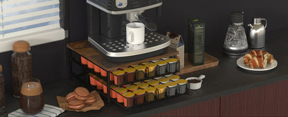 K-Cup Coffee Pod Holder 72 Capacity – 2-Tier Sliding Drawer Coffee Pod Organizer with Wood Top & Metal Frame, Non-Slip Base, Stackable Countertop Storage for Home, Office & Cafe – Silver