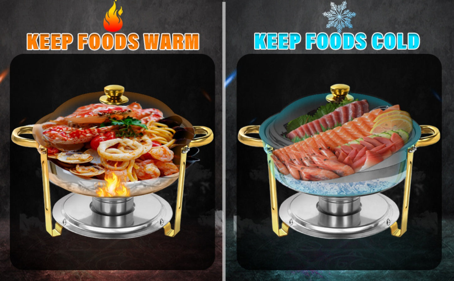 Golden Chafing Dish Buffet Set with Glass Lid 6QT Round Stainless Steel Food Warmer Chafer for Catering Party Dinners Weddings, Titanium Gold Finish, 2 & 4 Pack