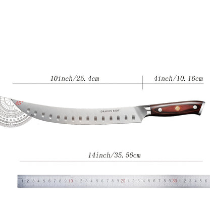 Brisket Carving Knife 10 Inch, High Carbon Steel Granton Edge Slicing Knife, Hand Forged Meat Carving Knife with Ergonomic Wood Handle for BBQ, Brisket, Roast & Turkey