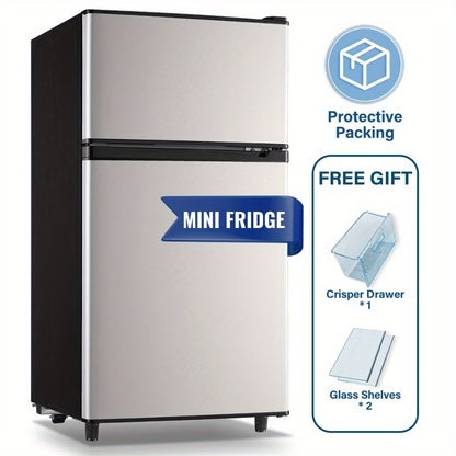 Small Fridge with Freezer, 2-Door Compact Refrigerator with 7-Level Adjustable Thermostat, Removable Shelves & Basket – 2.5 or 3.5 Cu Ft Silver Mini Fridge for Dorm, Office, RV and Bedroom