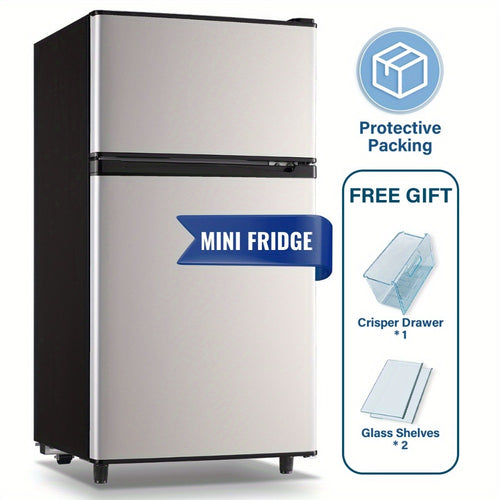 Small Fridge with Freezer, 2-Door Compact Refrigerator with 7-Level Adjustable Thermostat, Removable Shelves & Basket – 2.5 or 3.5 Cu Ft Silver Mini Fridge for Dorm, Office, RV and Bedroom