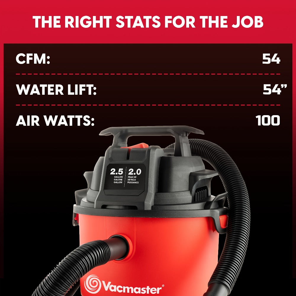 Wet Dry Vacuum Cleaner 2.5 Gallon Shop Vac – Vacmaster 2 Peak HP with Blower Function, Wall Mount & On-Board Storage for Garage, Car, Workshop, Home