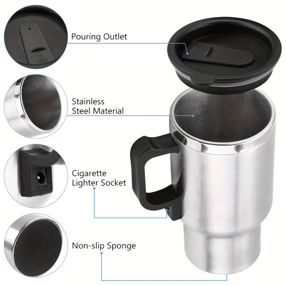 12V Car Electric Heating Travel Mug 450ml, Stainless Steel Car Electric Kettle with Cigarette Lighter Plug, 65°C Keep Warm Coffee Mug Heater for Road Trip Camping